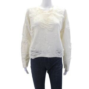 IRO Jeans Womens Textured Long Sleeve Round Neck Distressed Top White Size XS